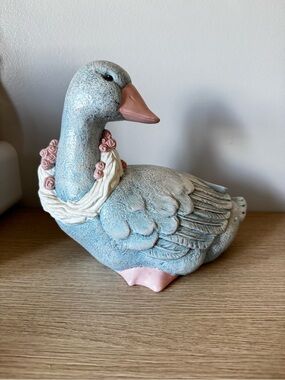 Decorative Blue and Pink Ceramic Duck Figurine with Floral Wreath